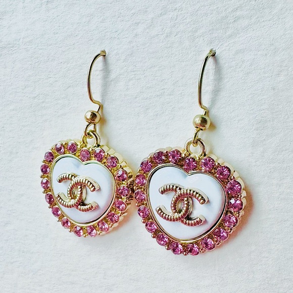 CHANEL Jewelry - CHANEL Pink, White and Gold Heart Earrings